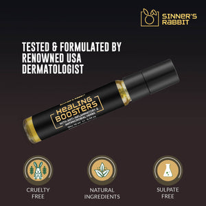 Healing Boosters Oil in 10ml with text highlighting it's Natural Ingredients