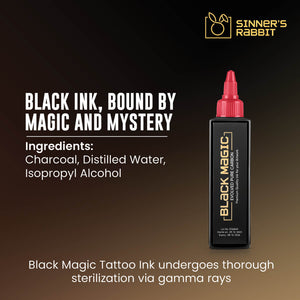Bottle of Black Magic Tattoo Ink in 4oz with text highlighting it's Ingredients