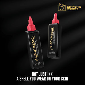 2 Bottle of Black Magic Tattoo Ink in 4oz with text highlighting it's Benefits
