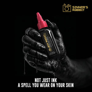 Bottle of Black Magic Tattoo Ink in 2oz with text highlighting it's Benefits