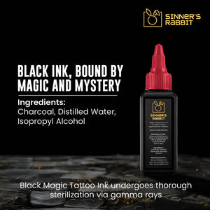 Bottle of Black Magic Tattoo Ink in 2oz with text highlighting it's Ingredients