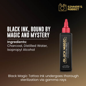 Bottle of Black Magic Tattoo Ink in 8oz with text highlighting it's Ingredients