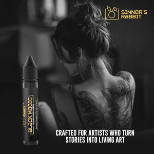 Bottle of Black Magic Tattoo Ink in 1oz with text saying Creafted for Tattoo Artists