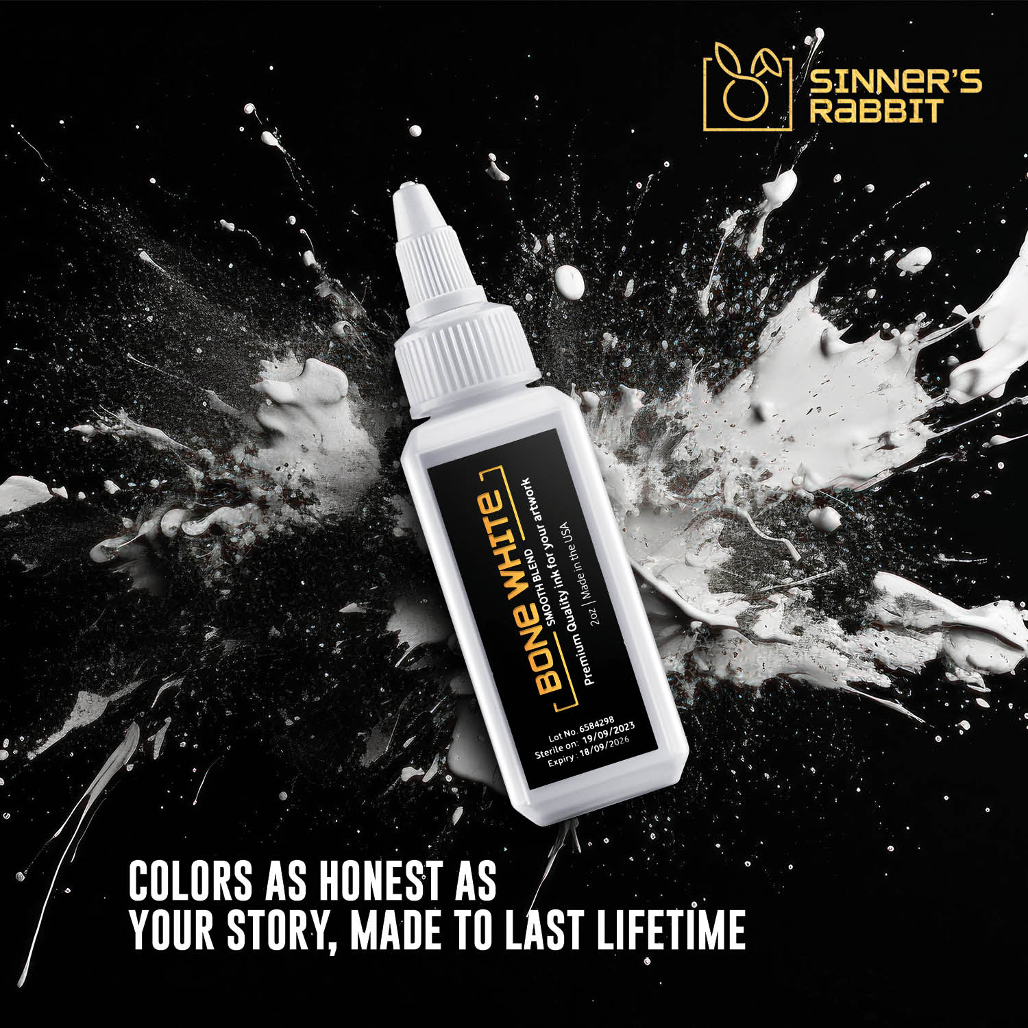 Bottle of Bone White Tattoo Ink in 2oz with text highlighting it's Benefits