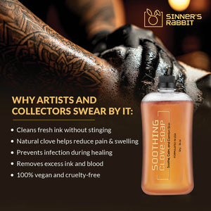 Bottle of Soothing Clove Soap in 1L with text highlighting Why Tattoo Artist love this