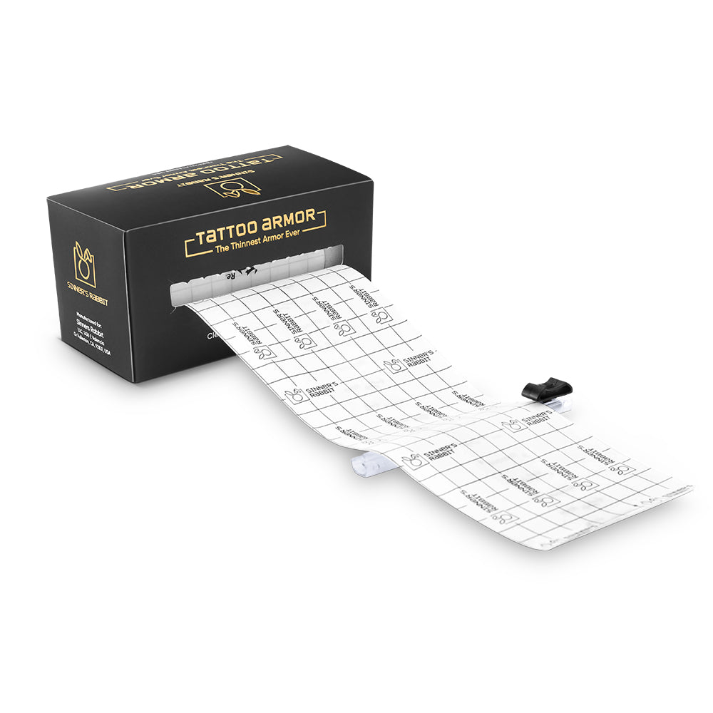 Thinnest Tattoo Armor product with a black box and white roll of tattoo bandage on a white background