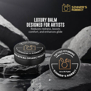 Tattoo Vitamins Box of 12 Tins in half oz with text saying Luxury Blm Designed for Artist
