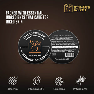 Box of 12 Tins Tattoo Vitamins in half oz with text highlighting its Ingredients