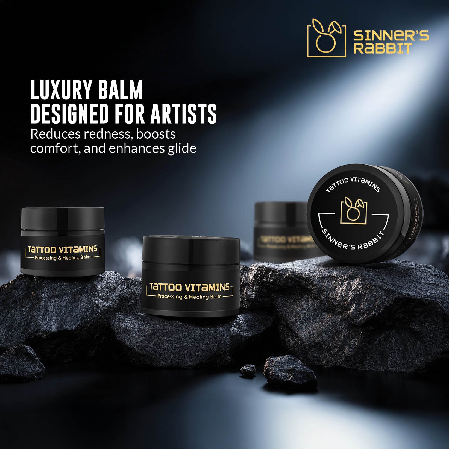 Box of 12 Tins Tattoo Vitamins Healing Balm in 1oz with text saying Luxury Balm Designed for Artist