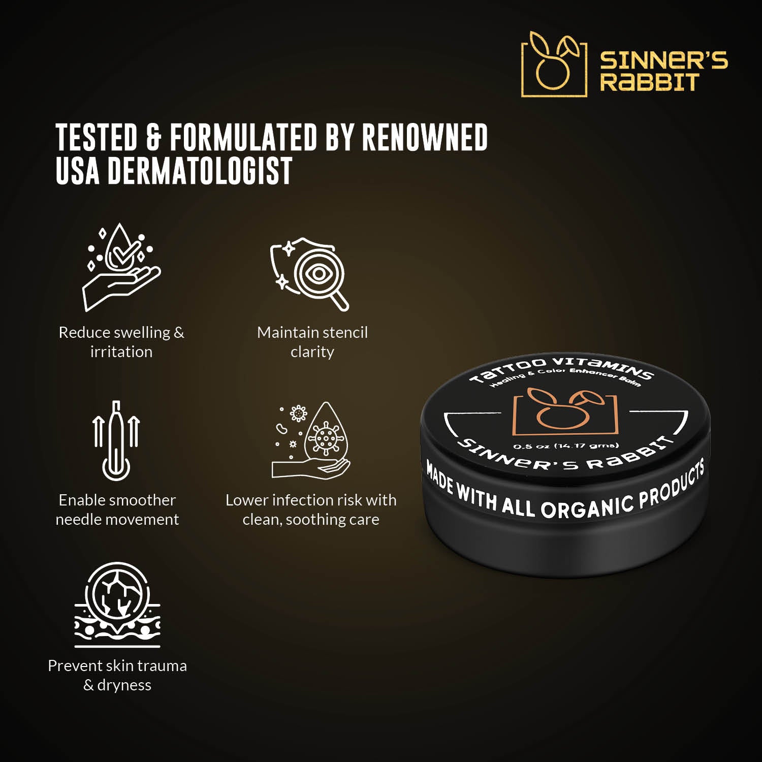 Tattoo Vitamins Box of 24 Tins in half oz with text highlighting it's Benefits