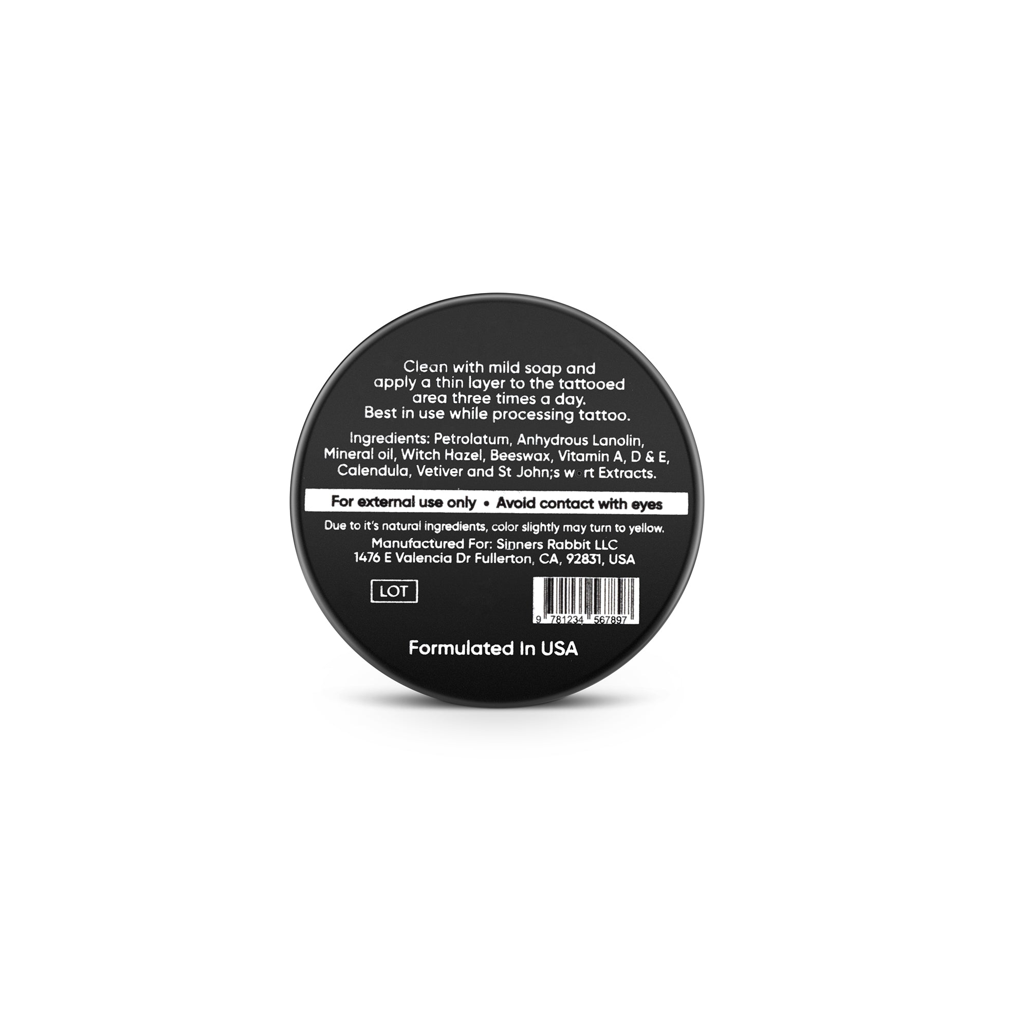 Container of Tattoo Vitamins, Protecting & Healing Balm in half Oz from back side by Sinner's Rabbit