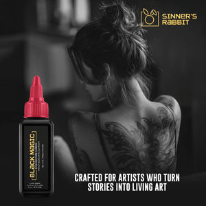 Bottle of Black Magic Tattoo Ink in 2oz with text saying Creafted for Tattoo Artists