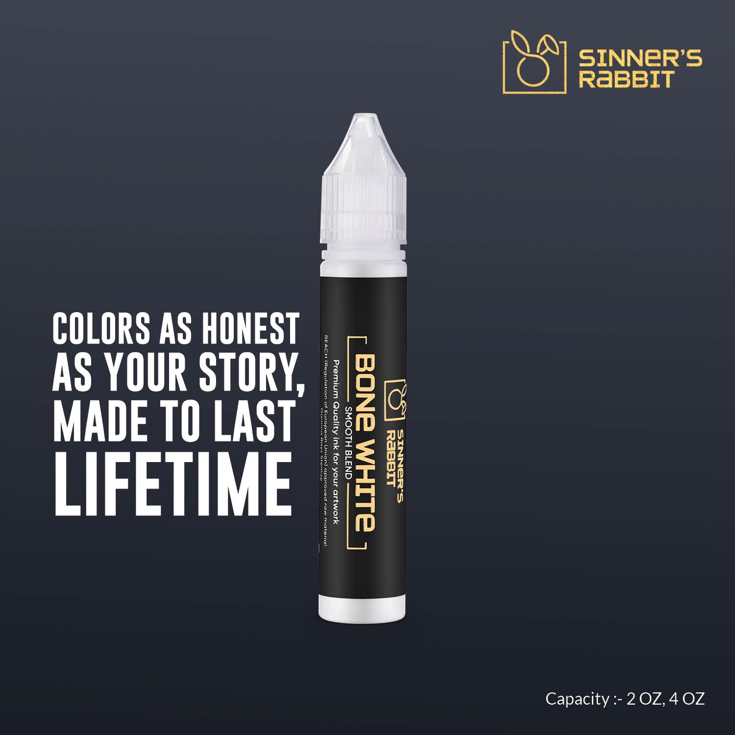 Bottle of Bone White Tattoo Ink in 1oz with text highlighting it's Benefits