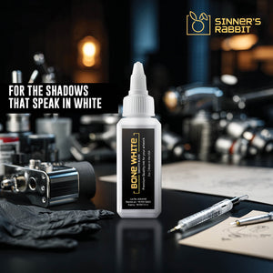 Bone White Tattoo Ink in 2oz with text saying For The Shadows That Speak In White