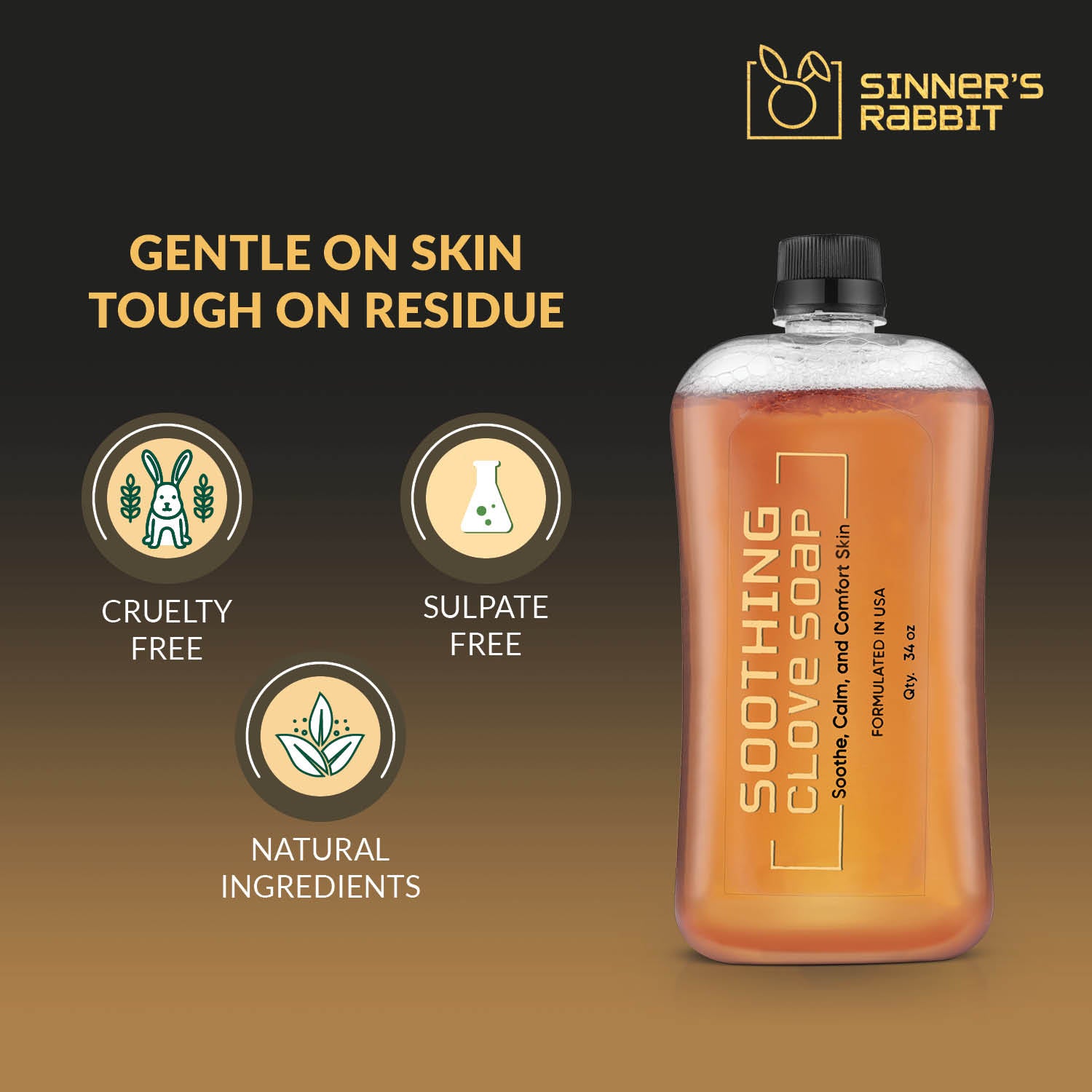 Bottle of Soothing Clove Soap in 1L with text highlighting Natural Ingredients