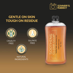 Bottle of Soothing Clove Soap in 1L with text highlighting Natural Ingredients