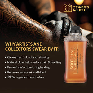 Bottle of Soothing Clove Soap in 500ml with text showing Benefits of using this soap