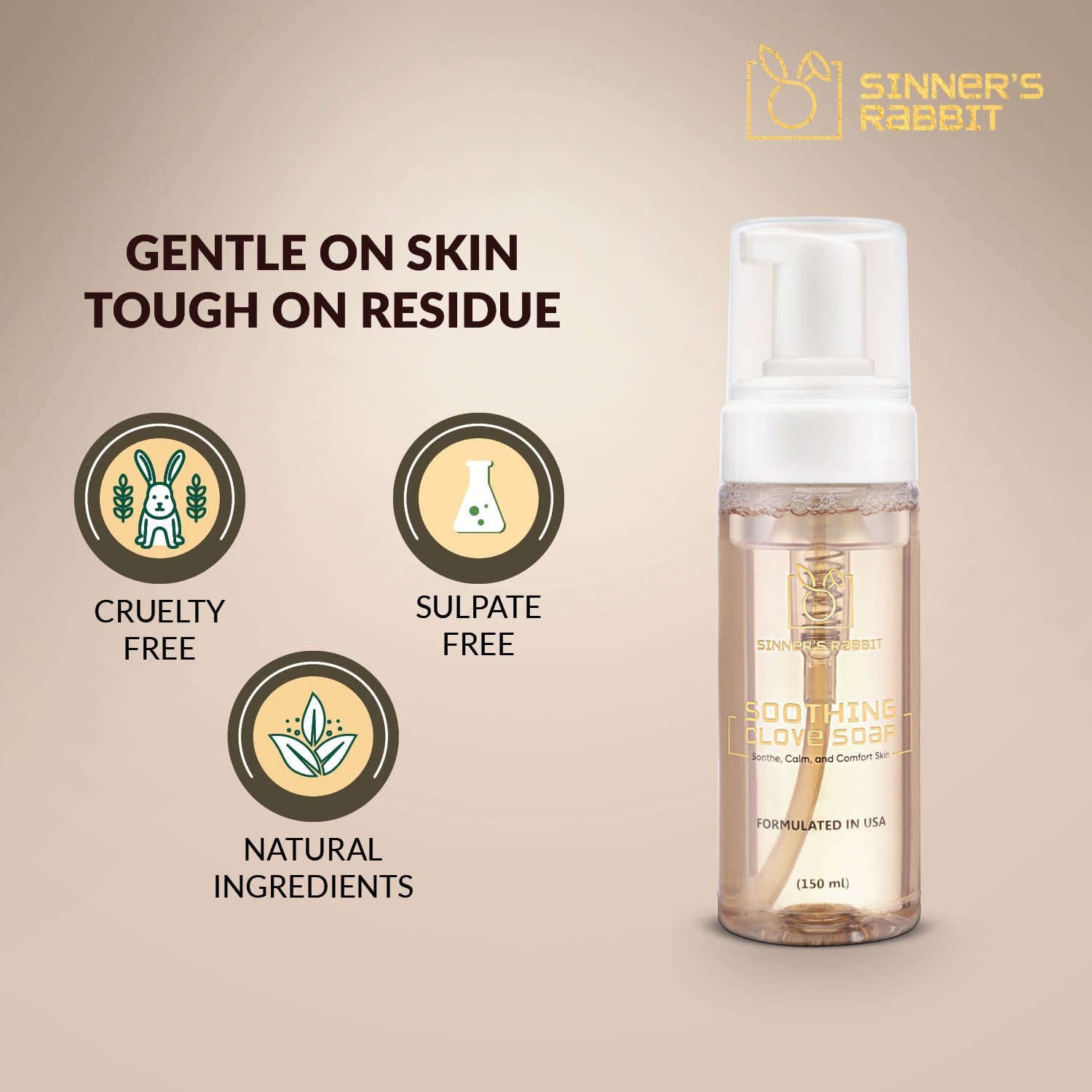 Ready to Use Soothing Clove Soap in 150ml bottle with text Highlighting Natural Ingredient by Sinner's Rabbit