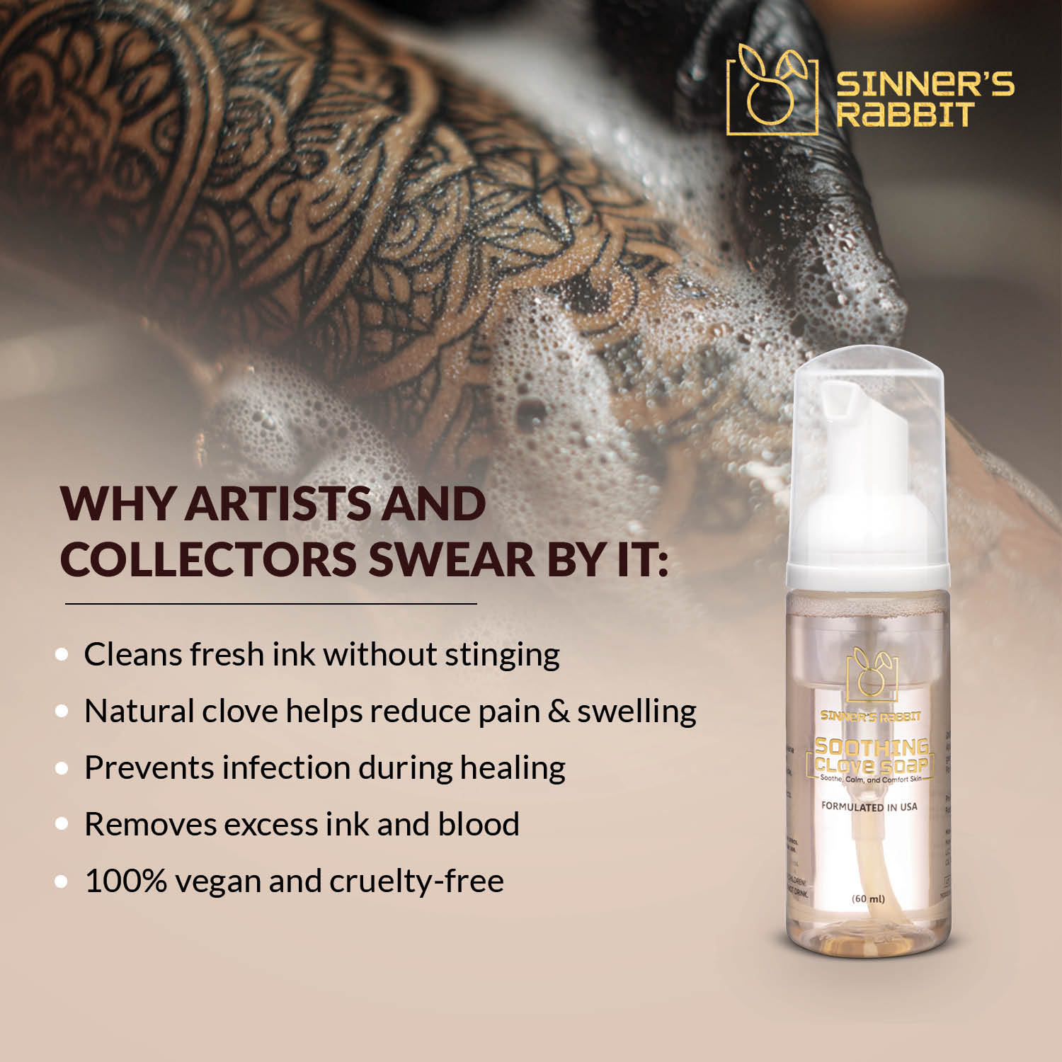 Ready to Use Soothing Clove Soap in 60ml bottle with text highlighting its benefits