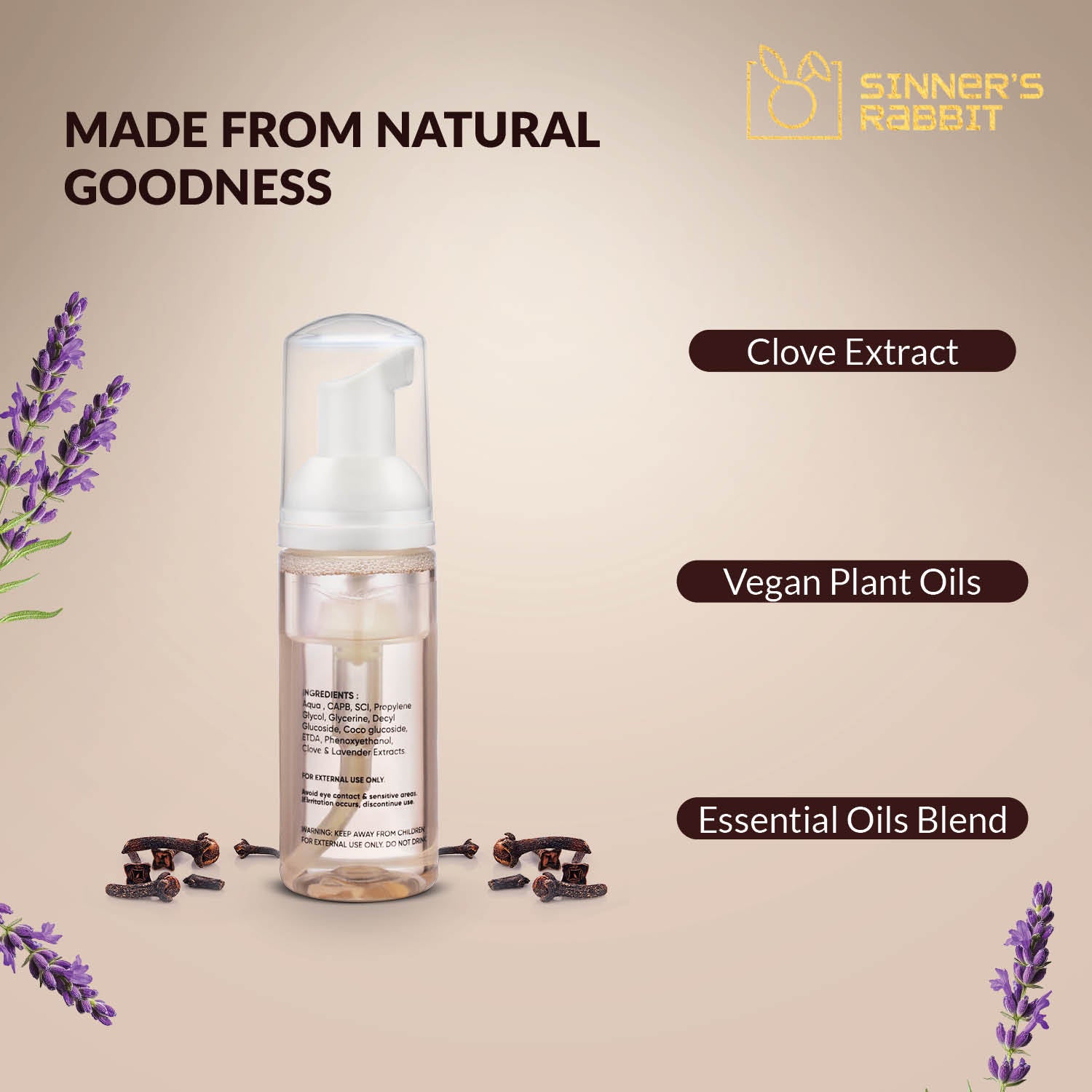 Ready to Use Soothing Clove Soap in 60ml bottle with text highlighting its natural goodness