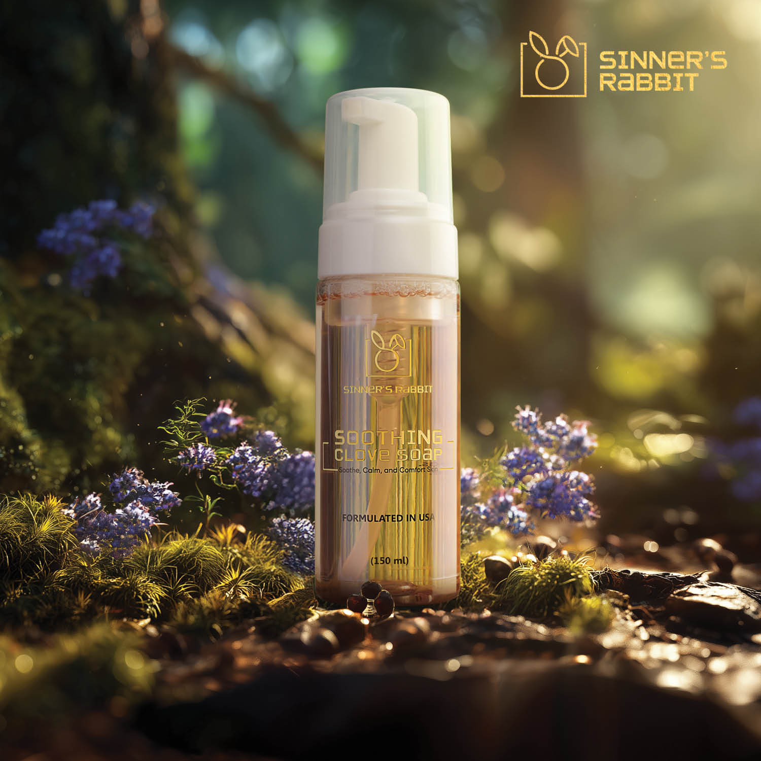 Ready to Use Soothing Clove Soap in 150ml bottle on a natural background with flowers.