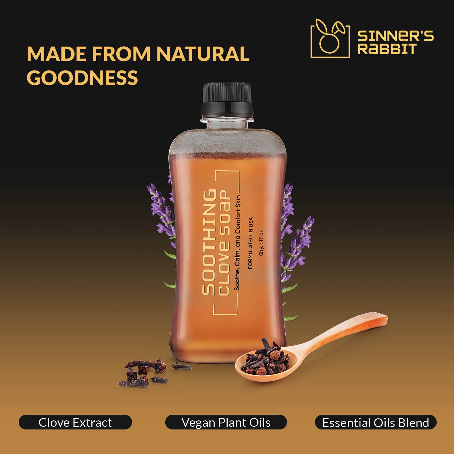 Bottle of Soothing Clove Soap in 500ml with text showing Natural Goodness