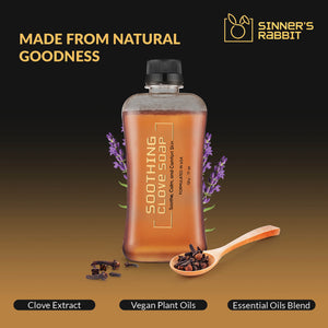 Bottle of Soothing Clove Soap in 500ml with text showing Natural Goodness
