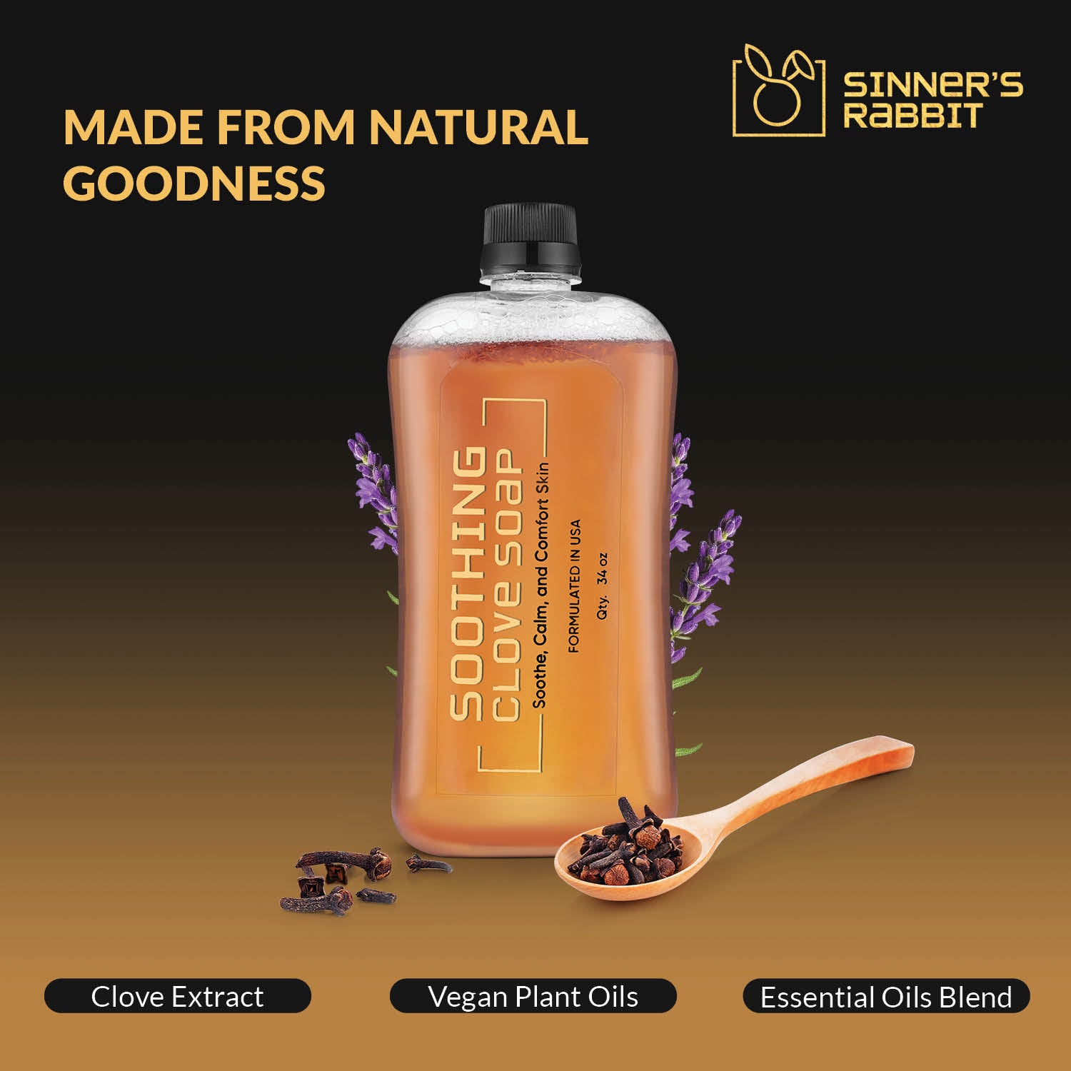 Bottle of Soothing Clove Soap in 1L with text showing Natural Goodness