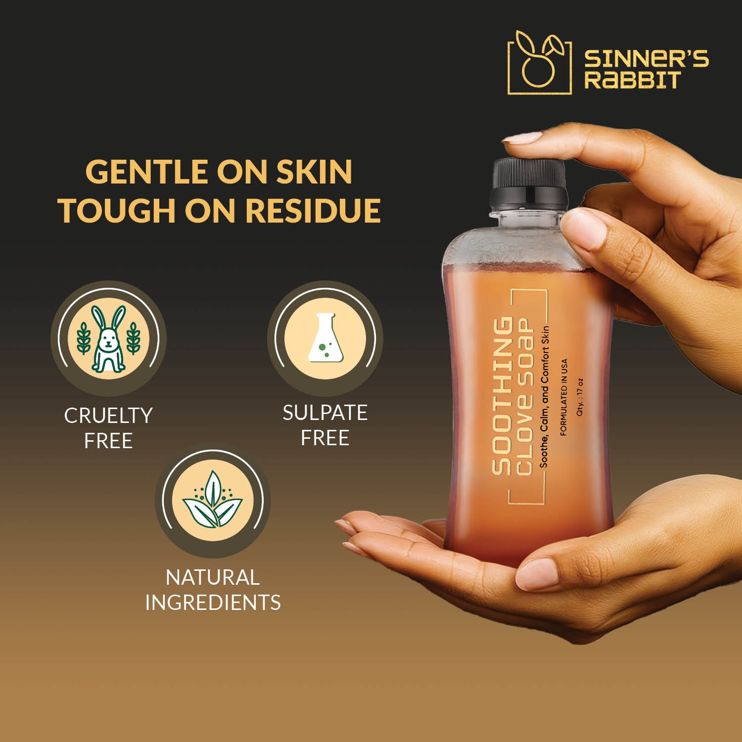 Bottle of Soothing Clove Soap in 500ml with text highlighting Natural Ingredients