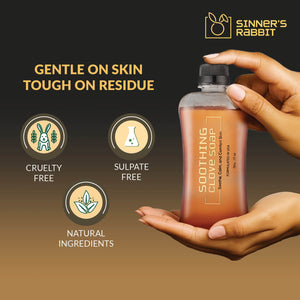 Bottle of Soothing Clove Soap in 500ml with text highlighting Natural Ingredients