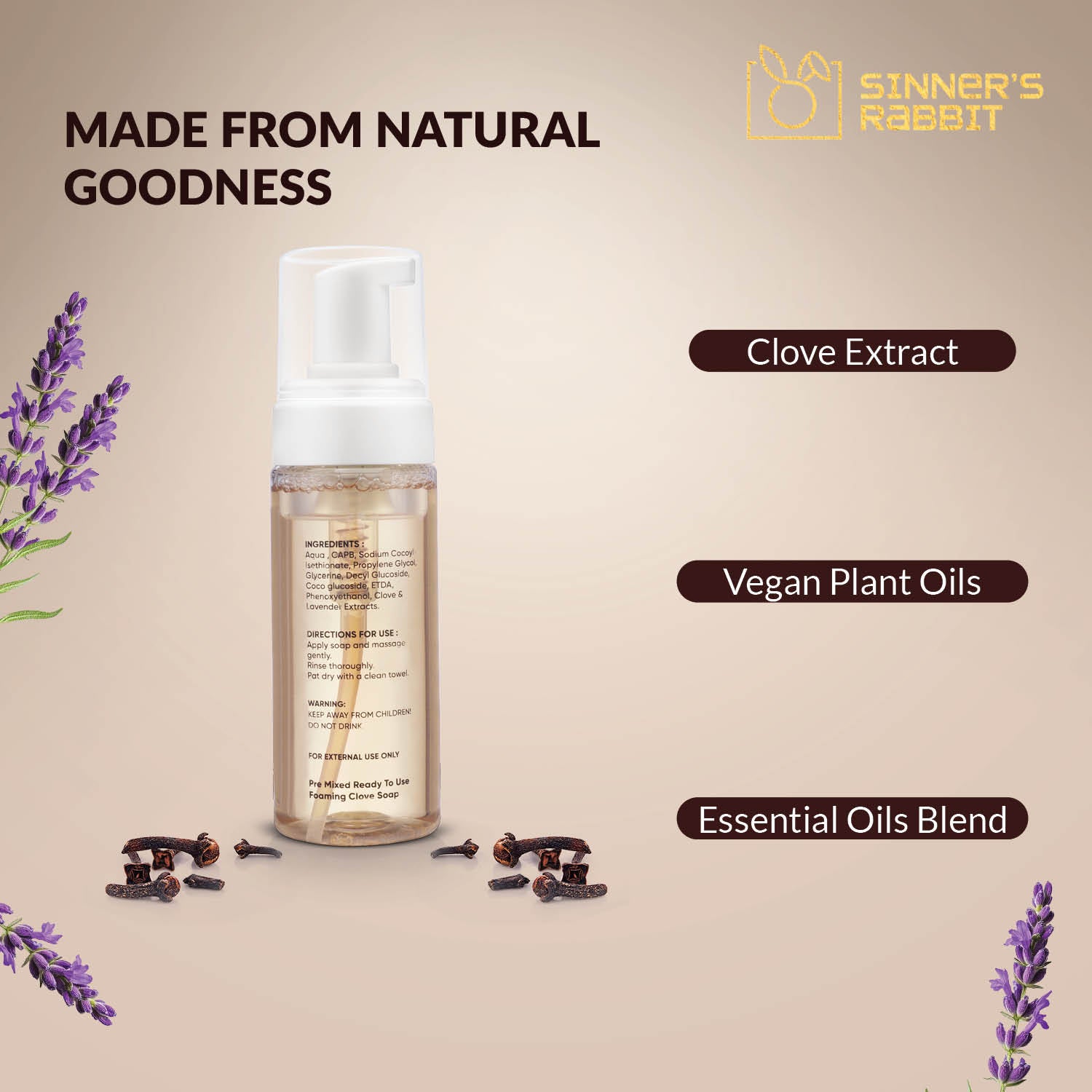 Ready to Use Soothing Clove Soap in 150ml bottle with text highlighting Natural Goodness by Sinner's Rabbit
