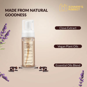 Ready to Use Soothing Clove Soap in 150ml bottle with text highlighting Natural Goodness by Sinner's Rabbit