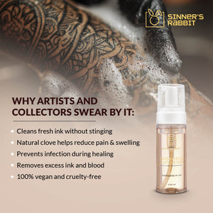 Ready to Use Soothing Clove Soap in 150ml bottle with text highlighting Why Tattoo Artist love this