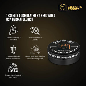 Tattoo Vitamins Box of 24 Tins in half oz with text highlighting it's Benefits