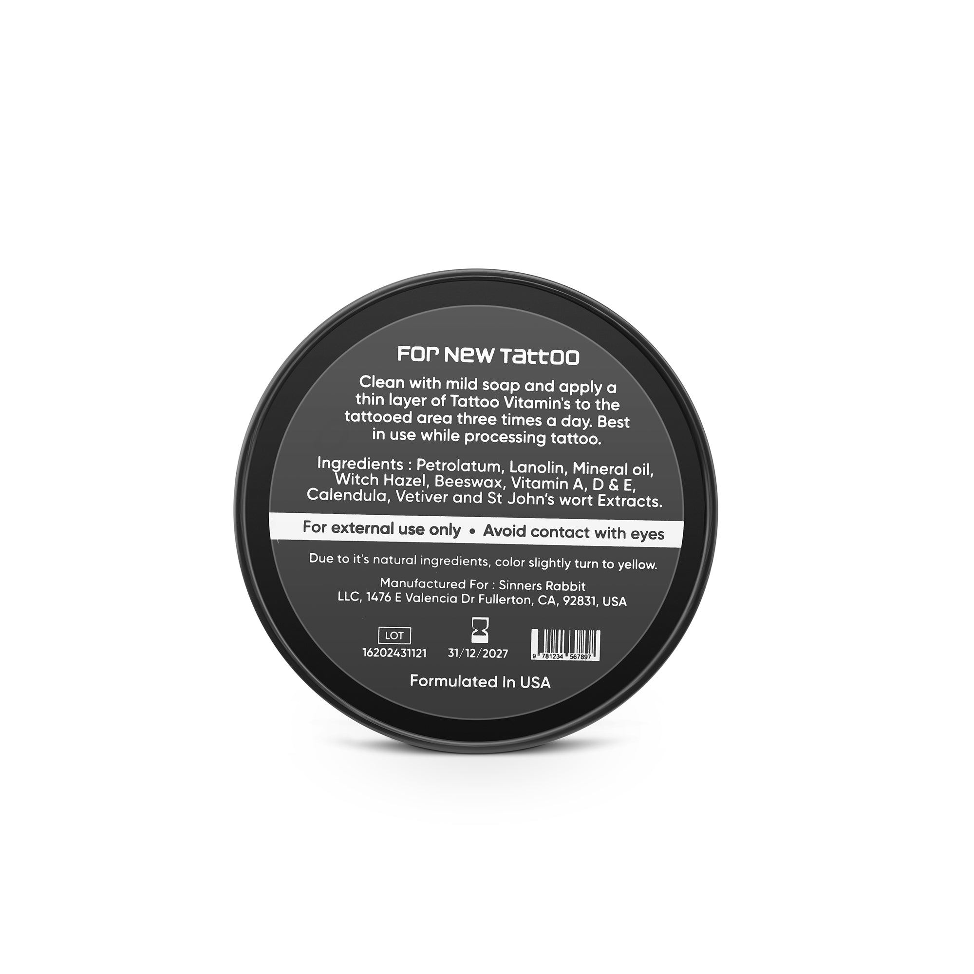 Box of 12 Tins Tattoo Vitamins Healing Balm in 1oz from back side