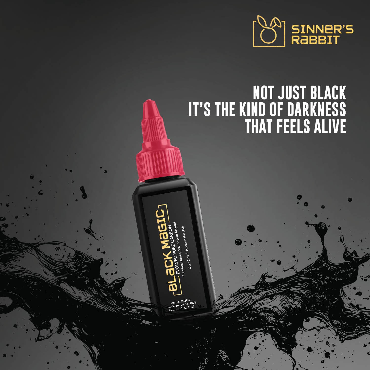 Black Magic Tattoo Ink in 2oz with text showing "How Dark This Ink Is"