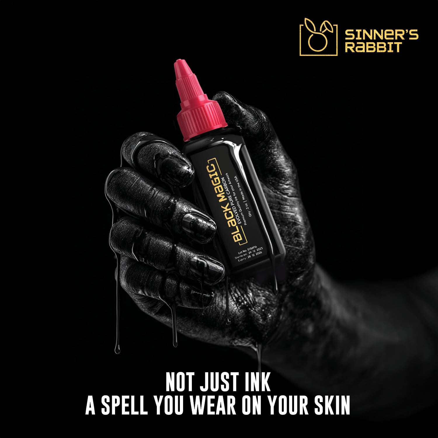 Bottle of Black Magic Tattoo Ink in 2oz with text highlighting it's Benefits