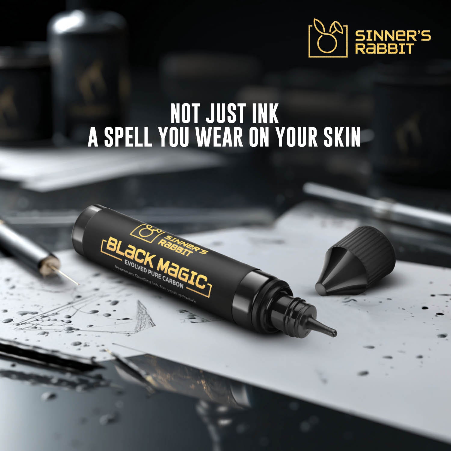 Bottle of Black Magic Tattoo Ink in 1oz with text highlighting it's Benefits