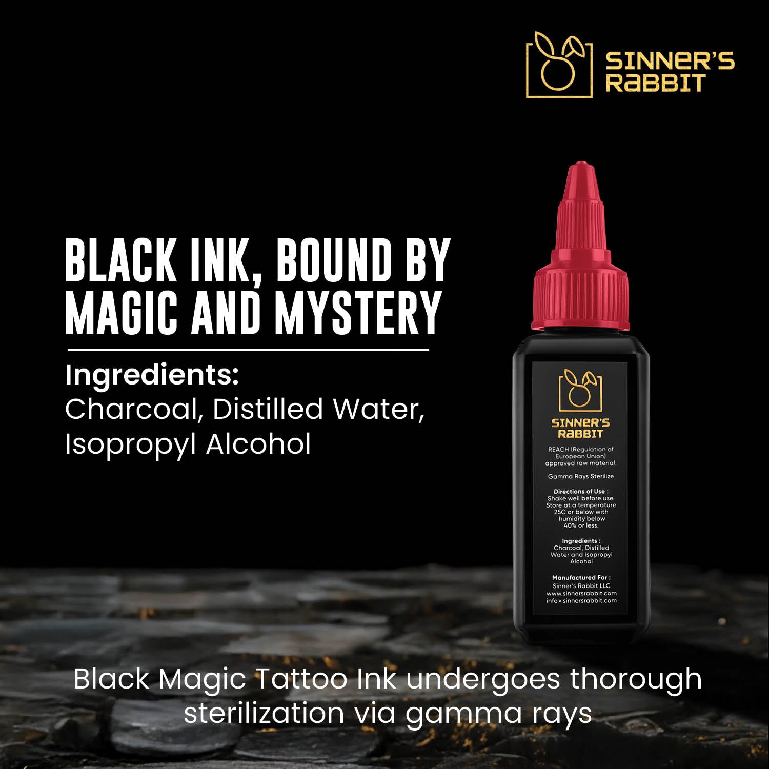 Bottle of Black Magic Tattoo Ink in 2oz with text highlighting it's Ingredients