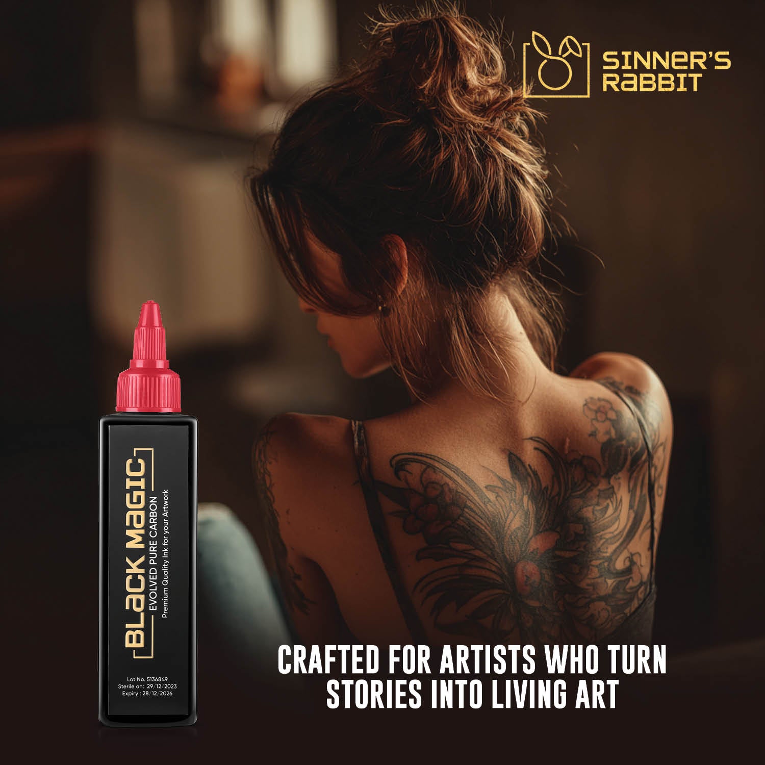 Bottle of Black Magic Tattoo Ink in 8oz with text saying Creafted for Tattoo Artists