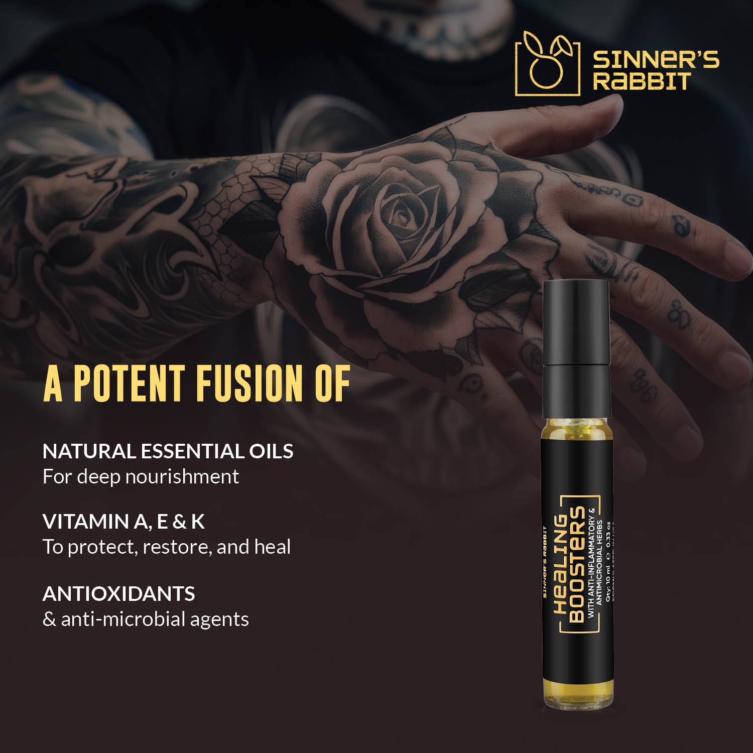 Healing Boosters Oil in 10ml with text detailing its Ingredients