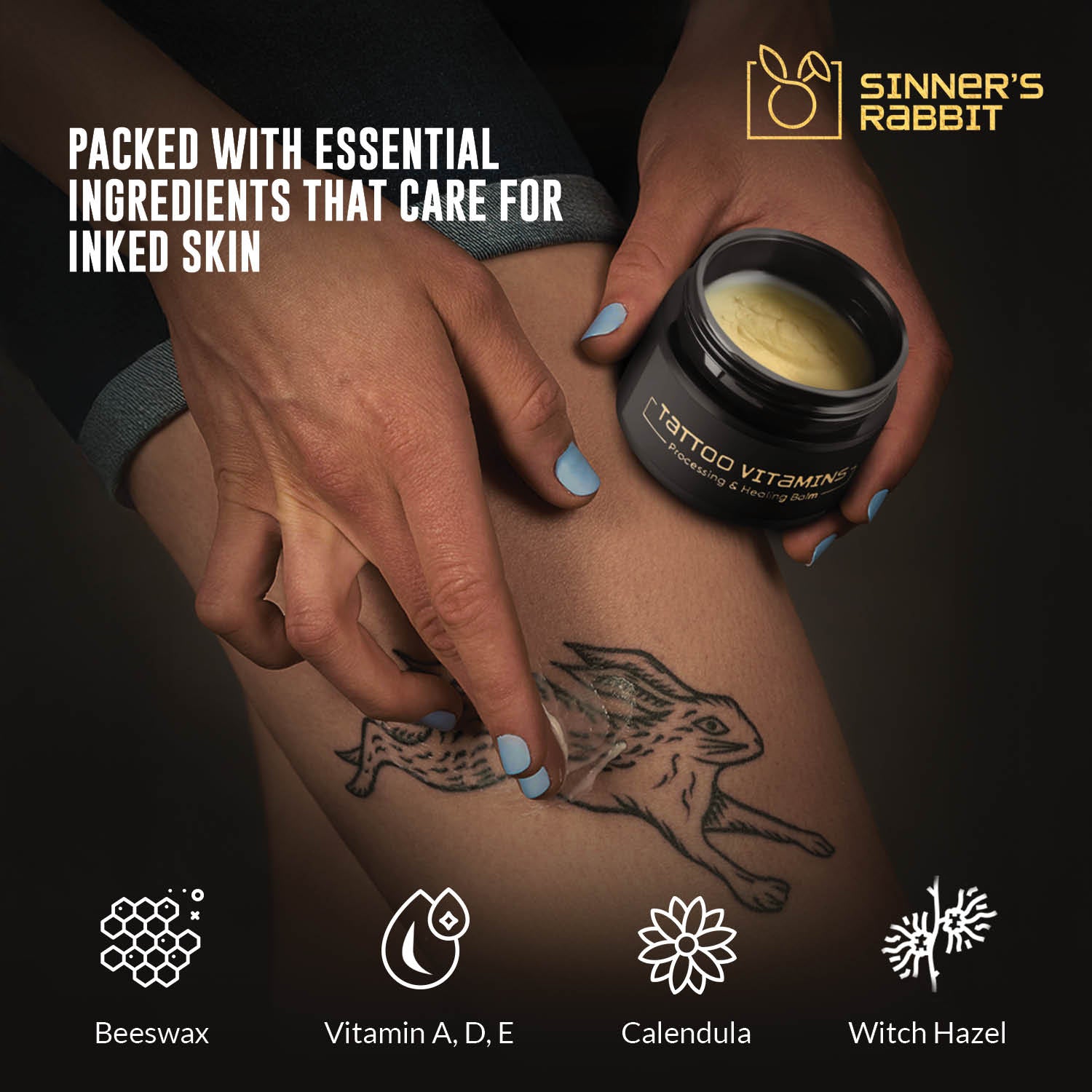 Tattoo Vitamins Box of 12 Tins in 1oz with text showing it's Ingredients