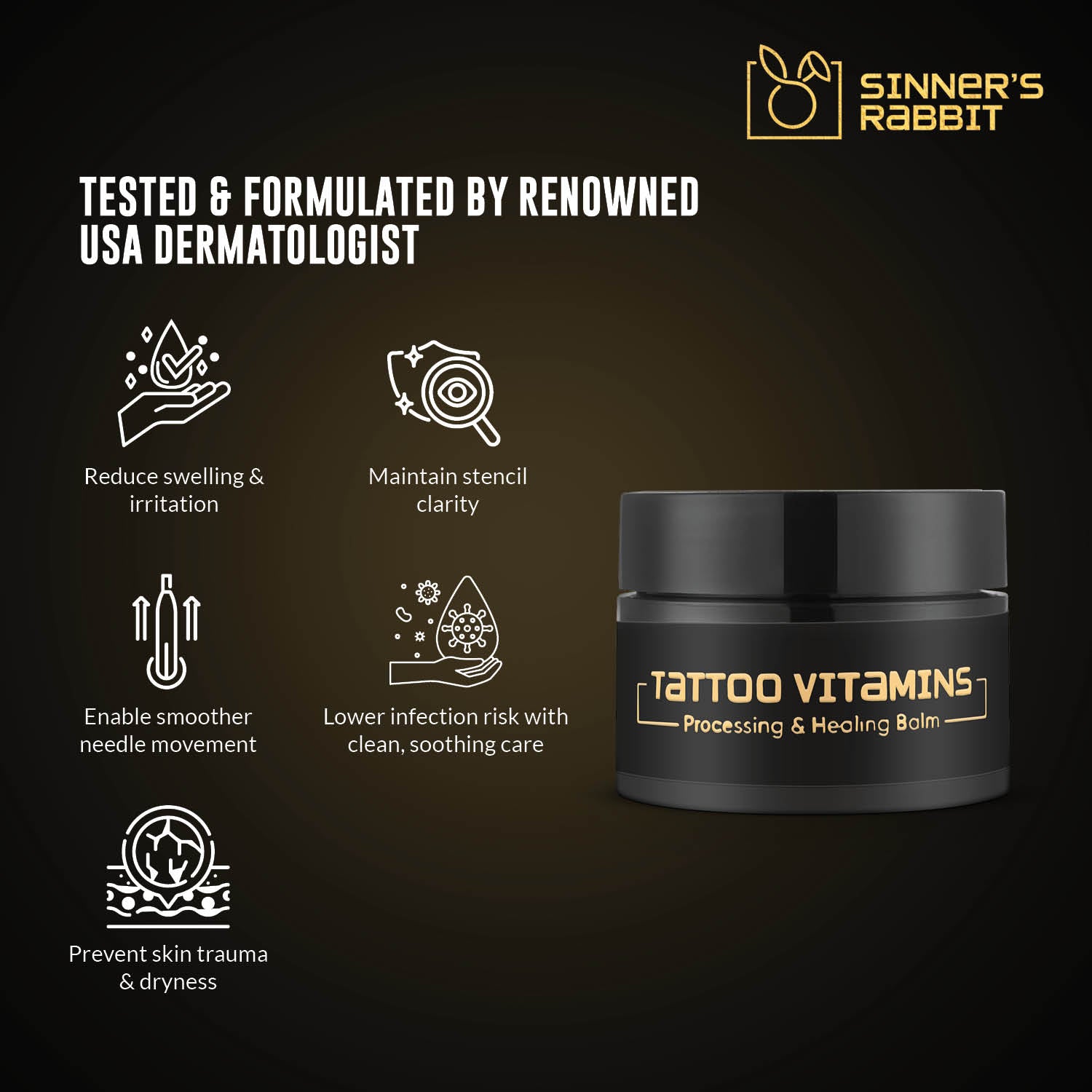Tattoo Vitamins, Protecting & Healing Balm in 1oz with text highlighting its Benefits