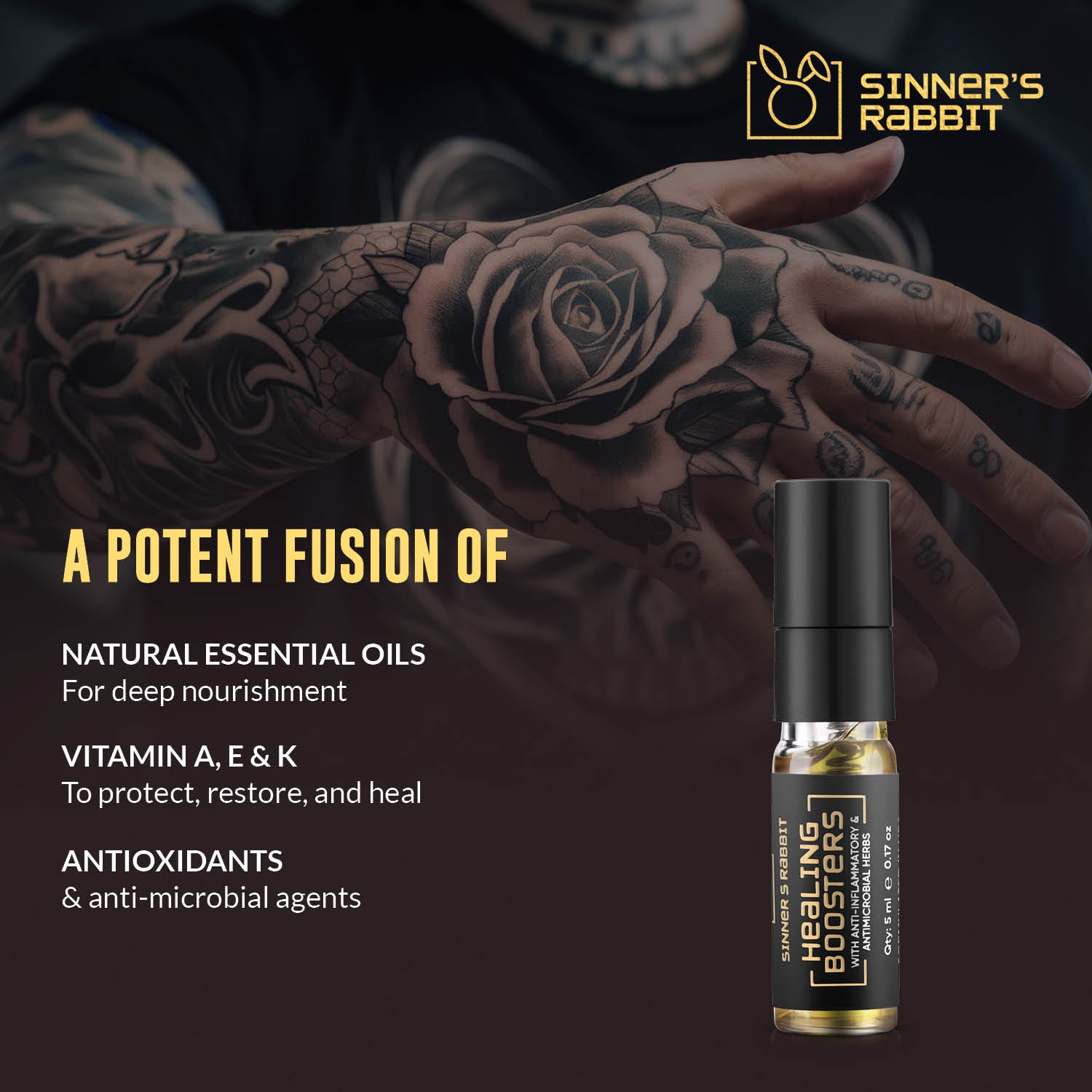 Healing Boosters Oil in 5ml with text showing benefits of using this oil