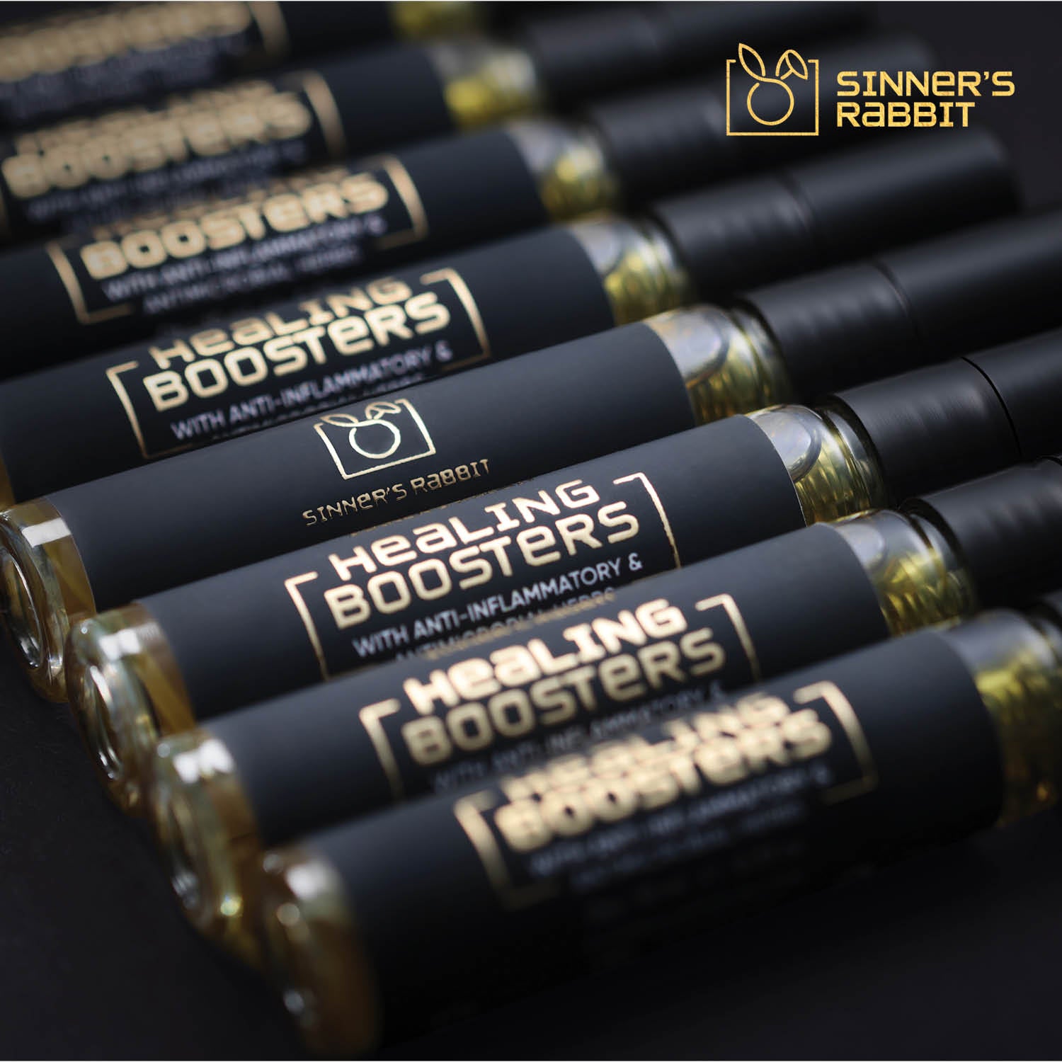 Row of many Healing Boosters Oil from it's Box of 12 Piece in 10ml