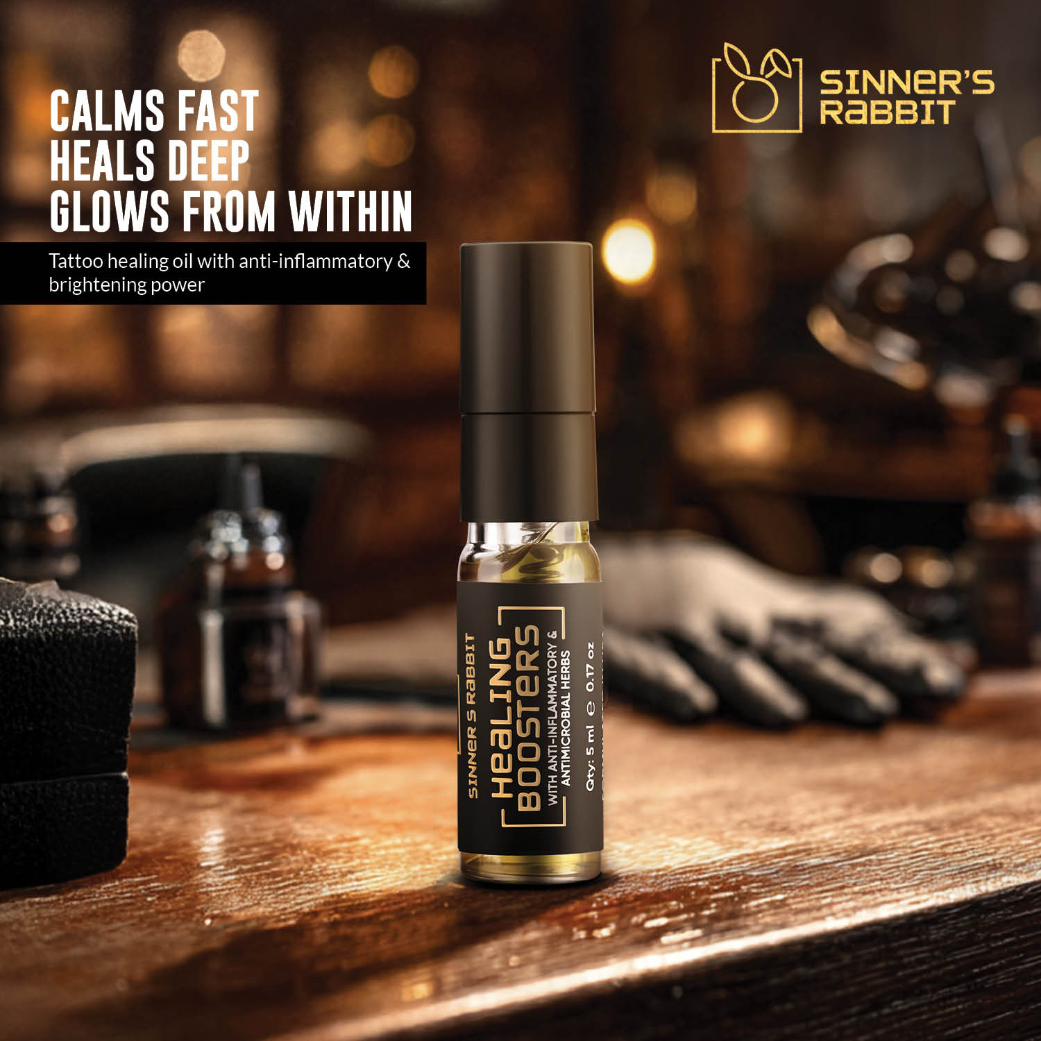 Healing Boosters Oil in 5ml with text showing it's Properties