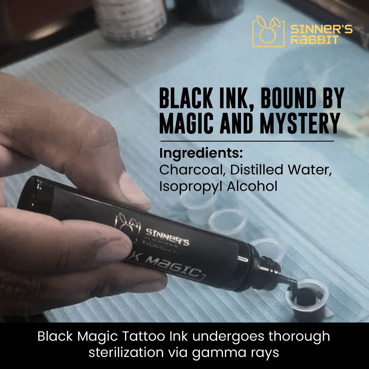 Bottle of Black Magic Tattoo Ink in 1oz with text highlighting it's Ingredients