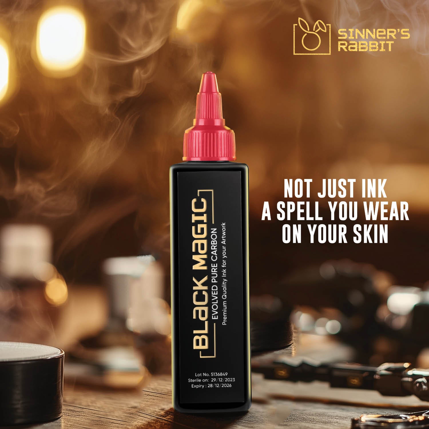 Bottle of Black Magic Tattoo Ink in 4oz with text highlighting it's Benefits