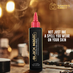 Bottle of Black Magic Tattoo Ink in 4oz with text highlighting it's Benefits