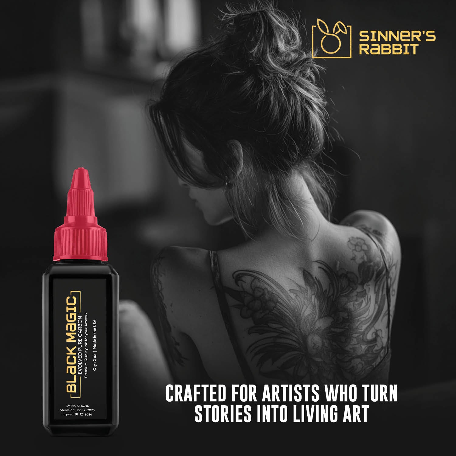 Bottle of Black Magic Tattoo Ink in 2oz with text saying Creafted for Tattoo Artists